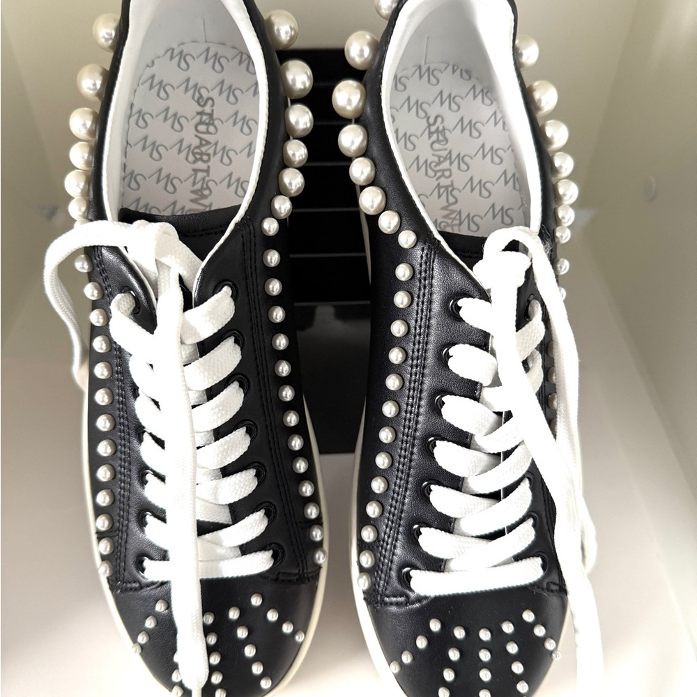 Stuart Weitzman Black Pearl-Studded Embellished Lace Up Designer Sneakers  8.5B